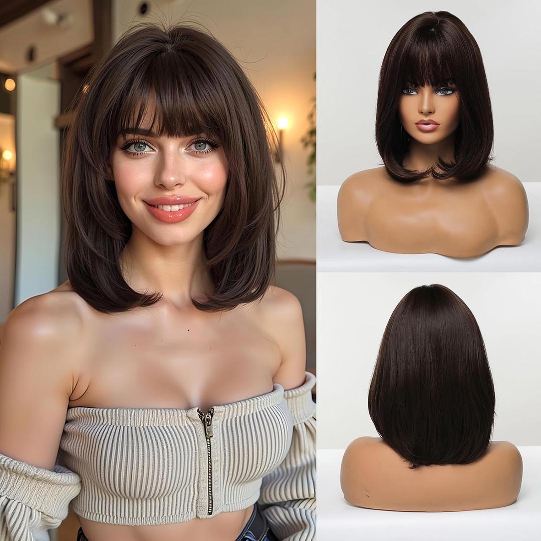 Esmee 14 Inches Short Dark Brown Wig with Bangs Slightly Curly Hair Ends Natural Synthetic Hair Straight Wigs for Women Daily Party Cosplay Wear
