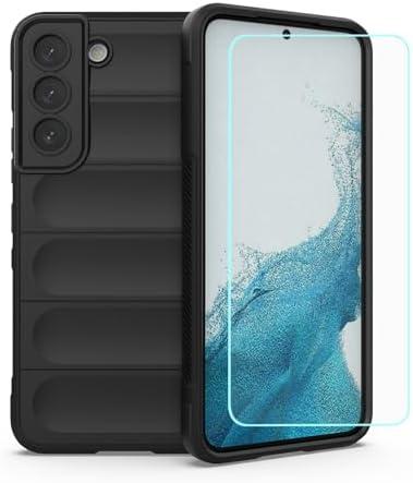 JDYGWK Case for Samsung S22 Galaxy S22 with Tempered Glass Film,Soft Silicone,FlockingLined Interior,Air Cushion 360° Shockproof,Protective Phone Cover for Samsung Galaxy S22,Black