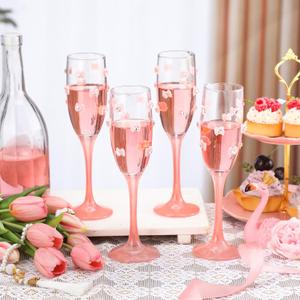 4 Pcs Pink Bow Champagne Flute Glasses Set, 6 OZ Christmas Champagne Wine Glasses with Long Stem, Elegant Girly Glassware Gift for Xmas Bachelorette Bridal Shower Wedding Birthday Party