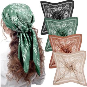 Syhood 4 Pcs 27'' Square Satin Head Scarves Satin Bandanas for Women Halloween Headband Silk Feeling Scarves Boho Headwear (Green, Black, Brown, Camel)