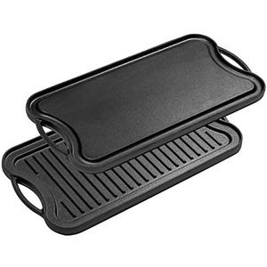 Bruntmor 2-In-1 Cast Iron Skillet Rectangle Roasting Pan With Reversible Griddle Pan For Stove Top - 20"x10" Multi Cooker Deep Roasting Grill Pan, Non-Stick Camping Cookware