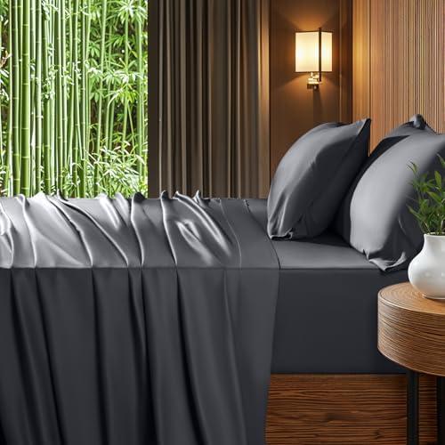 Shilucheng Extra Deep Pocket Queen Sheets, Blend Rayon Derived from Bamboo_, Cooling & Breathable Bed Sheets Fits 18"-24" Thick Mattress, Hotel Silky Bedding Set, Dark Grey