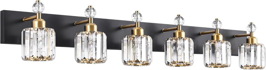 PRESDE Modern Crystal Black and Gold 6 Light Vanity Light Fixtures for Bathroom Over Mirror Bathroom Wall Light Fixtures