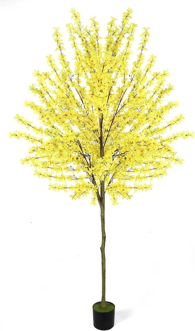 6Ft Tall Artificial Forsythia Tree, Fake Tree Faux Silk Plant with Plastic Nursery Pot, Artificial Plants for Home Office Indoor Decor(Yellow)