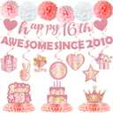 Sweet 16 Birthday Decorations, 18 Pcs Rose Gold Happy 16th Birthday Party Supplies with Banner Honeycomb Hanging Swirls Pom Poms, Party Decor Gifts for 16 Year Old Girl
