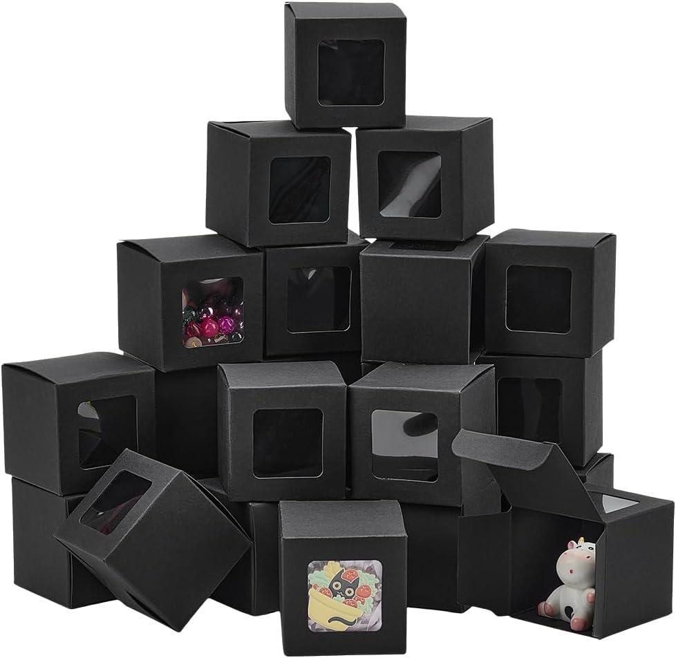 PH PandaHall 2 Inch Mini Square Paper Box with Window 40pcs Black Gift Boxes Foldable Chocolate Cookies Candy Box Small Homemade Soap Packaging Boxes for Wedding Christmas Proposal Party Decor