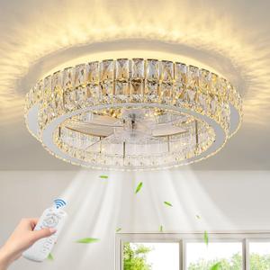 Fandelier Ceiling Fan with Lights and Remote Control Dimmable Crystal Ceiling Fan LED 3 Color 6 Speeds Chandelier Fan Bedroom Kitchen Living Room (Chrome 2)