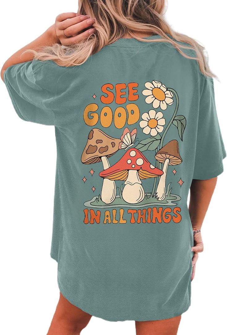 CSDAJIO Women's Trendy Oversized T Shirt Graphic Tee Crewneck Short Sleeve Loose Cute Going Out Summer Tops (See Good Green)