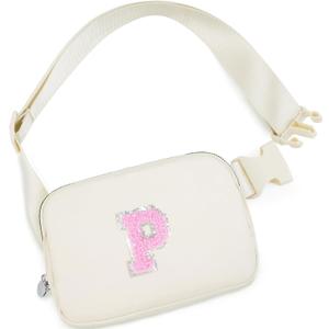 Small Waist Fanny Pack for Girl Belt Bag Crossbody Initial Letter Merch Bag for Teen Girl Women Personalized Christmas Valentines Birthday Preppy Easter Gift Travel Essential Mini Bag for Kids Cream P