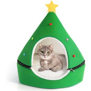 Green Christmas Tree Cat House - 2 in 1 Foldable Cat Bed Tent with Self Warming Feature