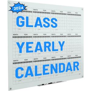 Magnetic Glass Calendar White Board, 2024 Yearly Planner, 34''x46'' Dry Erase Calendar Board, Wall Glass Calendar Board, 2 White Board Markers, 1 Marker Tray