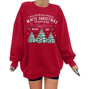 MYHALF Womens White Christmas Sweatshirt Crewneck Christmas Tree Graphic Shirts Oversized Xmas Pullover Sweater Size M