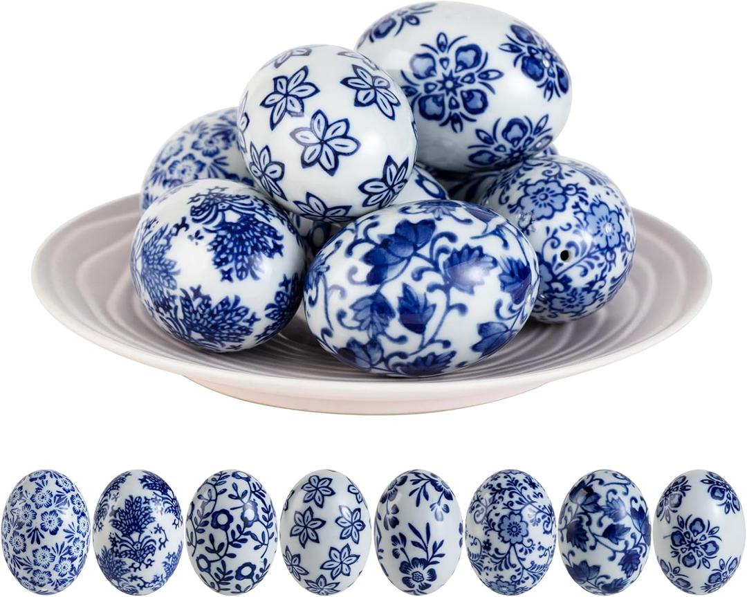 8 Pcs Blue and White Chinoiserie Easter Eggs Handpainted Ceramic Eggs for Easter Tree, Tiered Tray, Basket Filler & Farmhouse Spring Party Decor