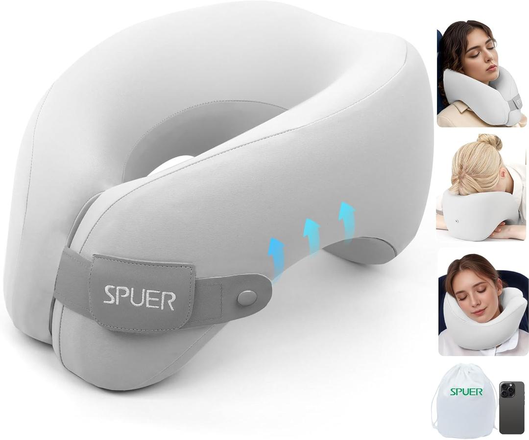 2in1 Ergonomic Memory Foam Travel Neck Pillow, Travel Pillow for All Sleep Positions on Flights, Road Trips, and Long Distance Travel with Drawstring Bag, Gray (Hook & Loop Tape)