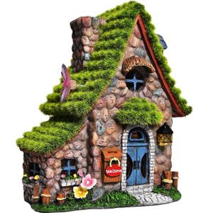 ASAWASA Resin Fairy House Statues with Solar Powered Lights, Funny Garden Sculptures with Flocked and Cobblestone Decor, Exquisite Garden Cottage Figurines
