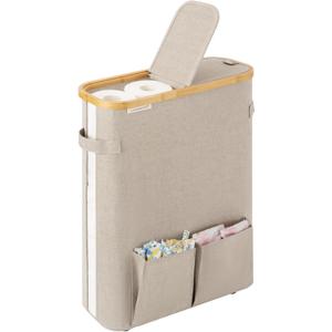 StorageWorks Toilet Paper Storage Baskets with Dual Flip Lids, Toilet Paper Organizer for Bathroom, Toilet Paper Container with Side Pocket, Holds 15 Mega or 20 Regular Rolls, Large, Light Khaki