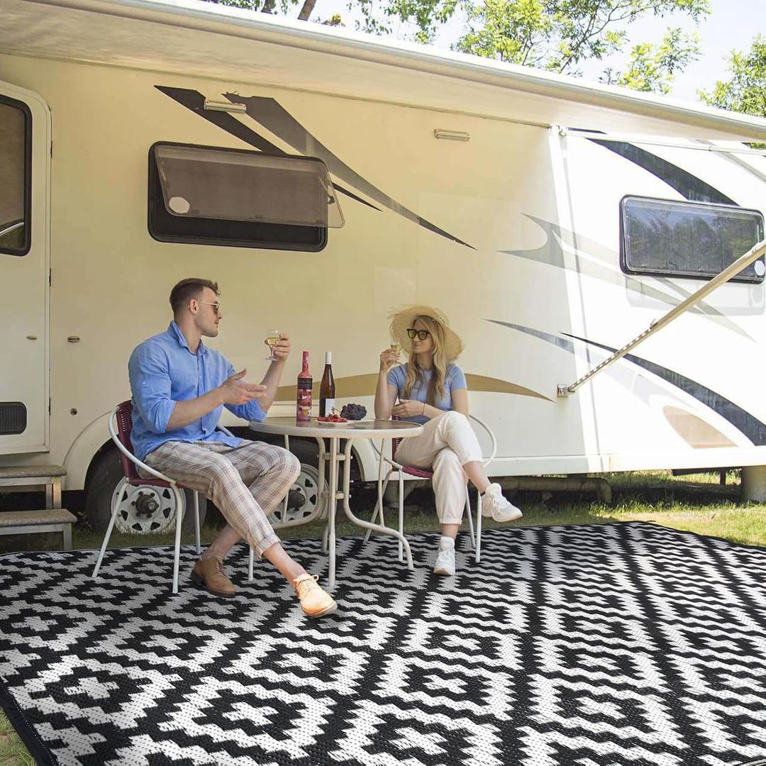 Outdoor Patio Plastic Straw Rug - 9x12 ft Outdoor Camping Rug Waterproof Reversible, Area Carpet Patios Clearance RV, Outside Porch Balcony Deck for Camper, Black & White