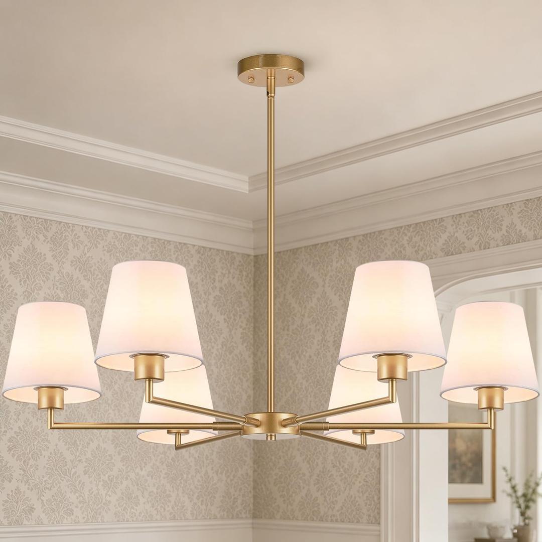 Brass Gold Chandeliers for Dining Room, 36" 6 Light No Assembly Required Antique Modern Gold Chandelier Light Fixture with White Fabric Shade, Classic Kitchen Pendant Lights over Table for Bedroom