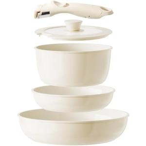 Redchef Ceramic Pots and Pans Set Non Stick, Nonstick Kitchen Cookware Sets, Non Toxic Pots and Pans Set Non Stick, PFAS PFOA & PTFE Free, Detachable Handle Pots and Pans 5 Piece, RV Cookware