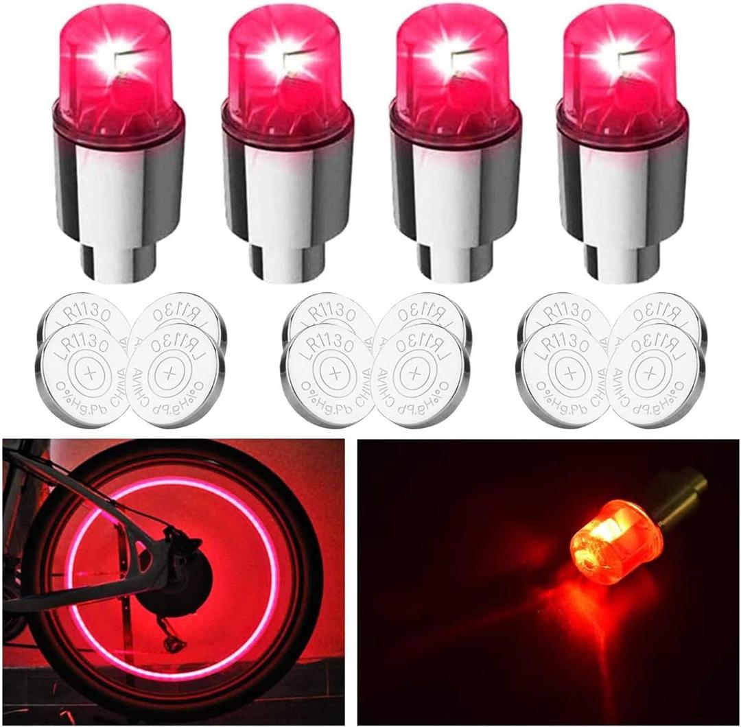 FICBOX 4 Pack LED Valve Stem Caps Lights for Car Tires Bike Truck Golf Cart Wheel Assemblies Light up Air Neon Bicycle Motorcycle Tyre Valve Lights with 12 Extra Batteries (Red)