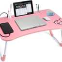 Slendor Lap Desk with Cup Holder, Foldable Laptop Table for Bed, Portable Bed Desk for Laptop and Writing, Computer Tray with Tablet Slot, Notebook Stand Reading Holder for Couch Sofa Floor,Pink