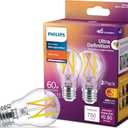 Philips LED 60W A15 2-Pack Ultra Definition Soft White (2700K) 750 Lumen (6.6W = 60W) Dimmable Clear Flicker-Free Light Bulbs