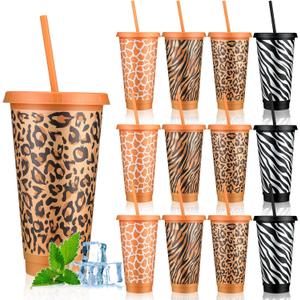 12 Pcs Safari Party Plastic Cups with Lid Straw 24 oz Cheetah Plastic Drink Cups Reusable Bulk Leopard Tumblers for Cheetah Theme Party Favors Birthday Gifts Animal Print Decorations