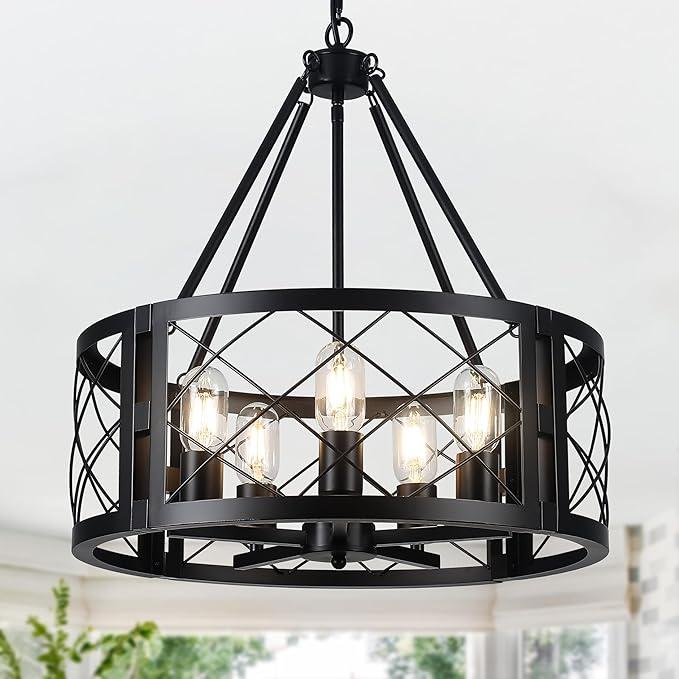 5 Light Dining Room Light Fixture, 19.8" Black Farmhouse Chandelier Rustic Round Hanging Pendant Lighting for Dining Room Entryway Hallway Bedroom
