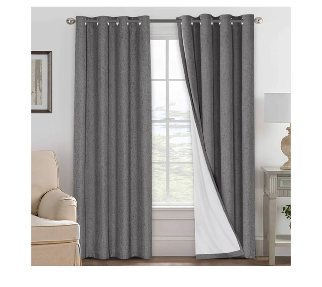 H.VERSAILTEX Linen Blackout Curtains 84 Inches Long 100% Absolutely Blackout Thermal Insulated Textured Linen Look Curtain Draperies Anti-Rust Grommet, Energy Saving with White Liner, 2 Panels, Grey