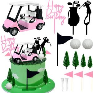 2026 New Golf Cake Decorations Golf Cart Cake Toppers Heading for The Pink Cake Topper with Cart Flag White Ball for Theme Party Supplies (Pink)