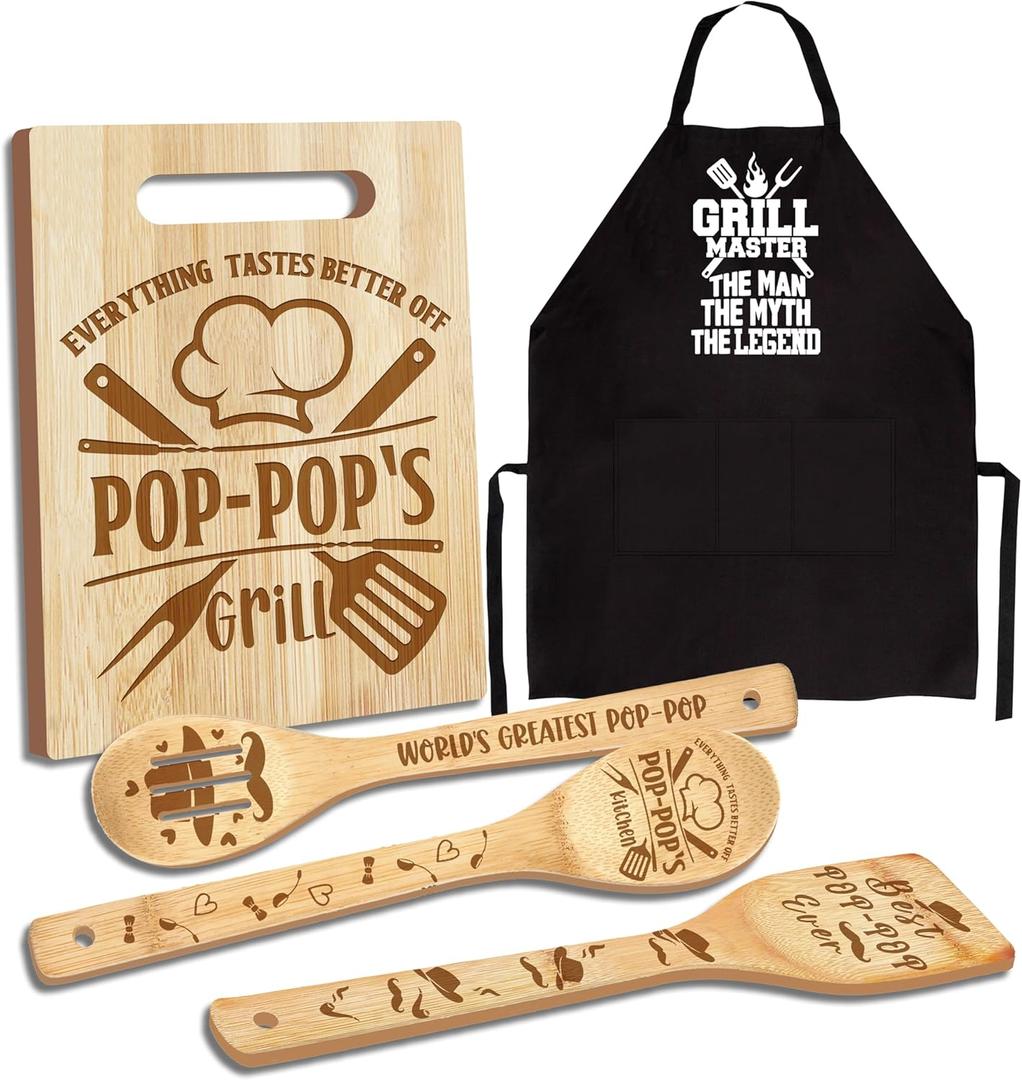Pop Pop Gifts, Pop Gifts from Grandkids Fathers Day, Poppop Birthday Gift Wooden Cutting Board Utensils Set with Apron, Great Pop Grandprents Day Fathers Day Stocking Stuffer Kitchen Gift
