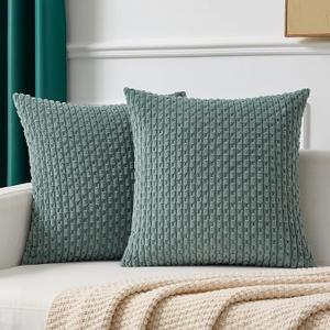 Kevin Textile Decorative Pillow Covers Set of 2 Striped Plush Corduroy Pillows Pillowcases Boho Home Decor Cushion Covers for Couch Sofa Bed Living Room 18x18 Inch, Teal Green
