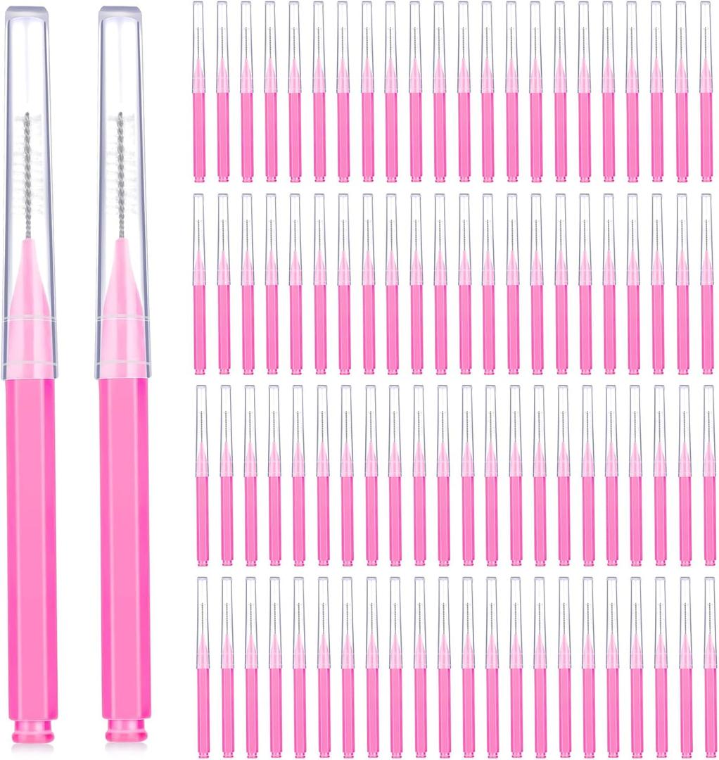 Patelai 100 Pieces Braces Brush for Cleaner Interdental Brush Toothpick Dental Tooth Flossing Head Oral Dental Hygiene Flosser Toothpick Cleaners Tooth Cleaning Tool (Pink,0.39"x0.08") (1 Count (Pack of 1))