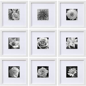Eletecpro 10x10 Picture Frames Set of 9 with Mat for 5x5 Photos or without Mat for 10x10, Square Gallery Wall Decor Collage for Picture Display, White Frame Set for Wall Hanging