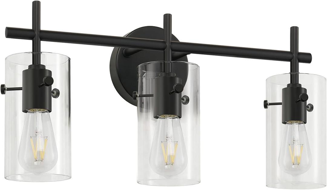 Indoi Bathroom Light Fixtures, 3-Light Matte Black Vanity Light, Black Bathroom Lights Over Mirror with Clear Glass Shade, Wall Sconces for Mirror Bedroom Living Room Hallway
