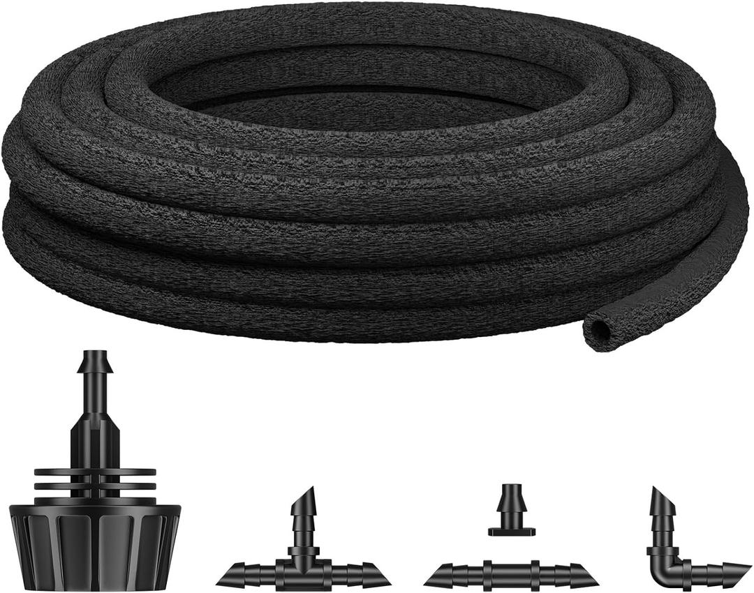 Pawfly 50 ft Soaker Hose, 1/4" Drip Irrigation Tubing, Porous Drip Hose for Garden Drip Line System, Garden Beds, Raised Beds & Vegetable Gardens, Rubber Irrigation Hose with Barbed Connectors