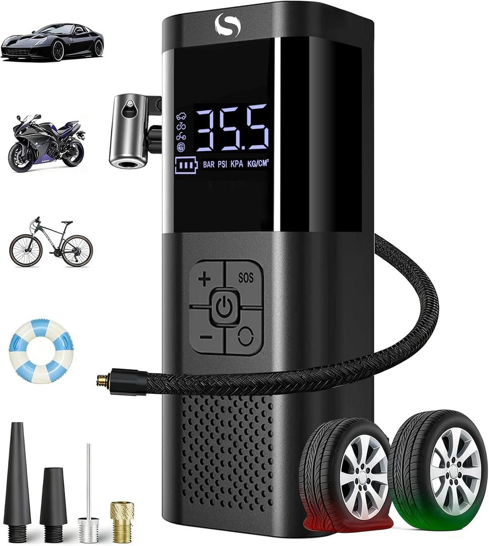 Tire Inflator Portable Tire Compressor, Cordless Tire Inflator with LED Light for Car Motorcycle Bicycle Ball, Car Accessories Essential for Men, 150PSI Air Tire Pump with Gauge