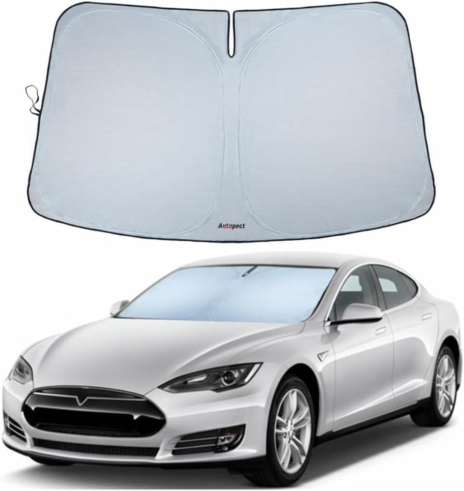 Windshield Sun Shade for Tesla Model S – Custom Fit Front Window Sunshade, Blocks 99% UV & Heat, Reflective, Mirror Cut-Out Design, Foldable & Fade-Resistant, Keeps Interior Cool
