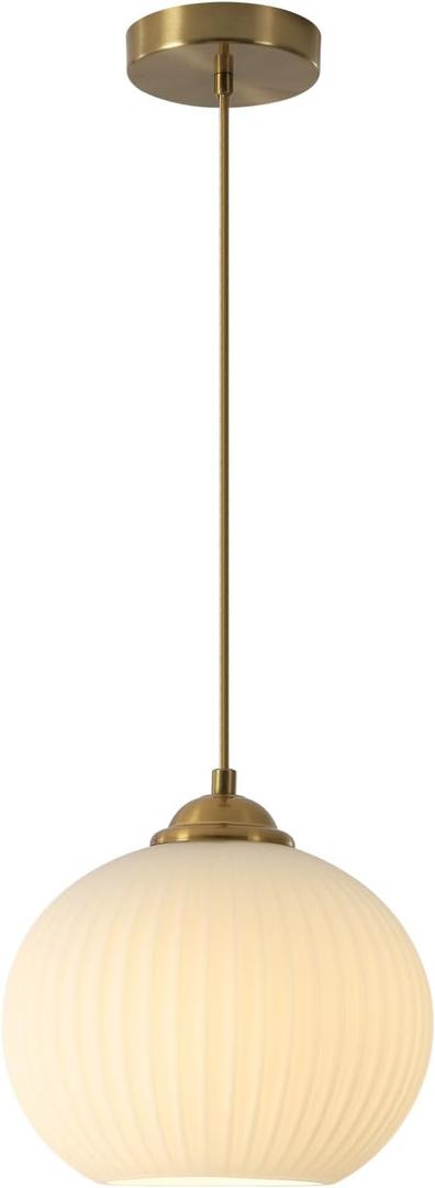 Vintage Ribbed Glass Pendant Light Brushed Gold Globe Hanging Lights Kitchen Island Antique Brass Pendant Light Small Striped Glass Ceiling Light Mid Century Round Hanging Light Fixtures, Gold-Small-Round-C