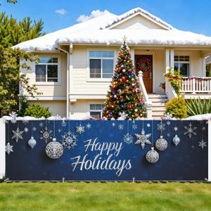 Happy Holiday swith Snowflakes and Ornaments Banner 10x3 Ft - Outdoor Christmas Decor with Interactive Illusion of Santa Emerging, Fun Holiday Display