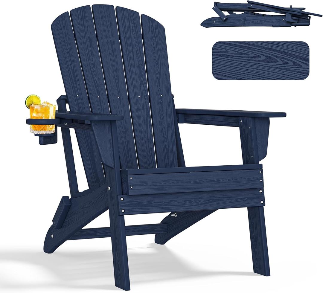 Nevilywood Folding Adirondack Chair - Extended Ergonomic Backrest, Cup Holder - Easy Assembly - Durable HDPE Plastic, Weather Resistant & Maintenance-Free - Lawn, Patio, Deck Supports 380lbs NavyBlue (1PC), 31"D x 29"W x 39"H