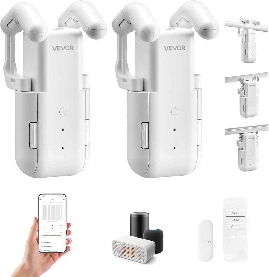 VEVOR Automatic Curtain Opener, 2 Pack, APP and Remote Control, Hub Included, Electric Smart Curtain Opener Compatible with Alexa and Google Home, Timed Opening and Closing, for Roman Rods, U/I Rails