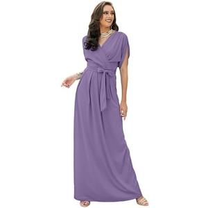 KOH KOH Formal Short Sleeve Cocktail Flowy V-Neck Gown, Purple, 2XL