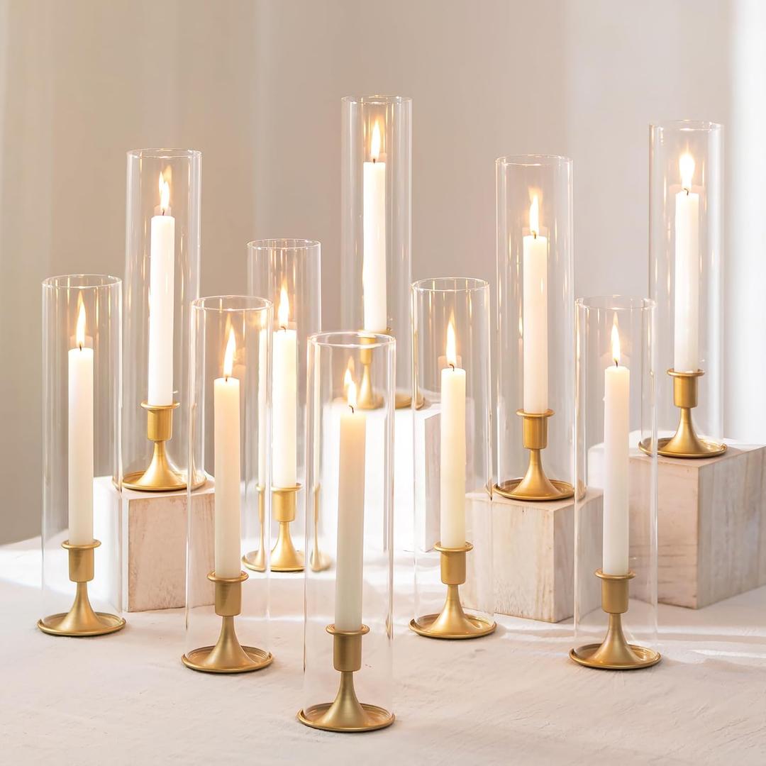 Romadedi Hurricane Candlestick Holders Gold - 10 Pcs Taper Candle Holders Bulk Tall Clear Glass Cylinder for Wedding Table Centerpieces Party Decor Birthday Christmas Home Decorations