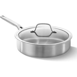 Calphalon Brushed 3-Ply Stainless Steel Cookware Set w/Turbo Heat Tech 3Qt Saut Pan with Lid, Induction, Oven Safe 450F, Brushed Stainless Silver