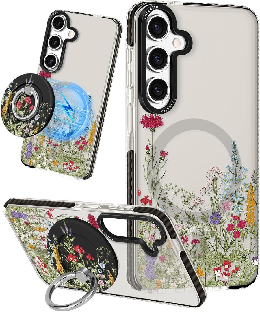 Lotadilo for Samsung Galaxy S24 Case for Women - Girls Cute Design Compatible with Magsafe Magnetic Ring Holder Stand Flowers Plants Phone Covers Aesthetic Girly TPU Funda for S24