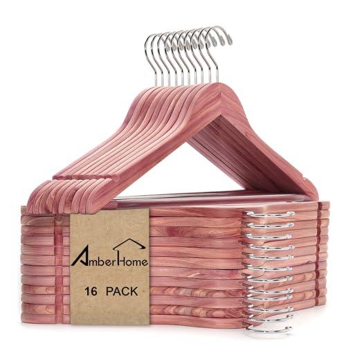 Amber Home 16 Pack Cedar Coat Hangers, Wooden Suit Hangers with Non-Slip Pant Bar, Cedar Hangers for Closet Organization, Shirts, Jackets, Dresses, and Pants