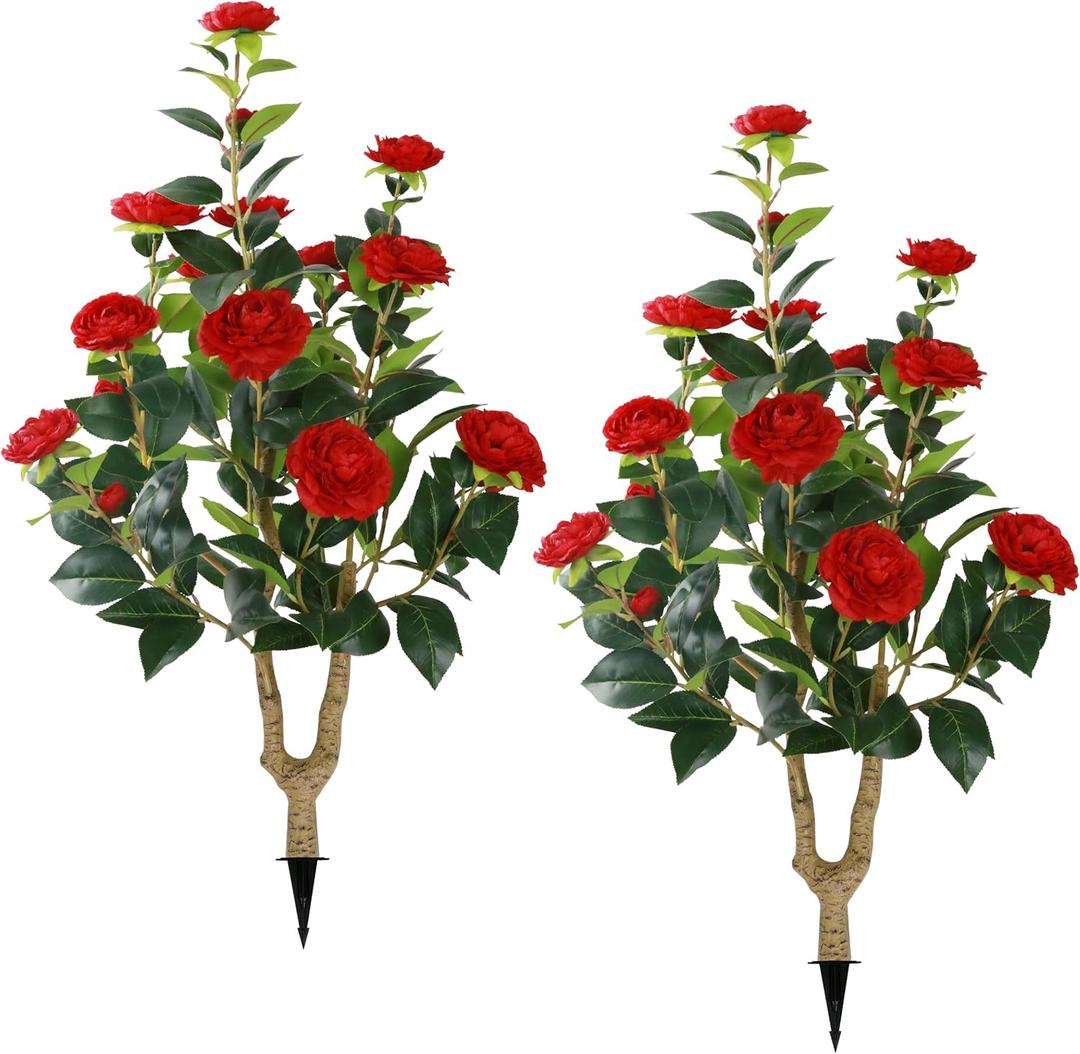 Sunnyglade 2 Packs 35.5" Artificial Camellia Tree, Faux Red Camellia Flowers Plant with Spike, Fake Greenery Tree for Spring Home Front Door Outdoor Indoor Decoration (Red)