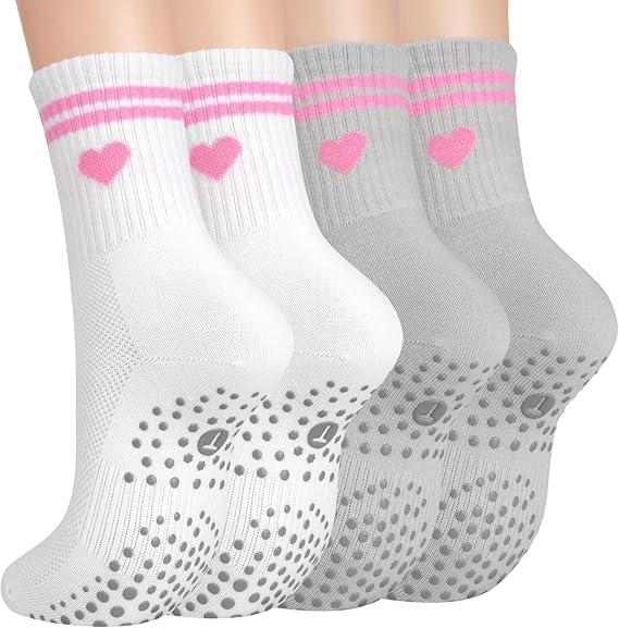 Toes Home Pilates Socks for Women with Non Slip Grippers, Yoga Crew Socks for Barre Hospital Sticky Slipper Socks 4 Pairs