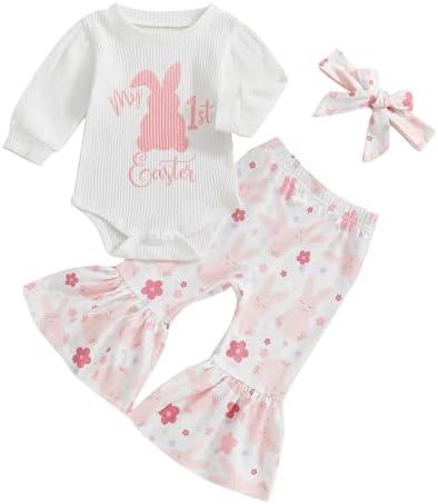 COORALLY Baby Girls St Patricks Day Outfits Shamrock Long Sleeve Romper Bodysuit with Flared Pants Headband Set Size 3-6 M